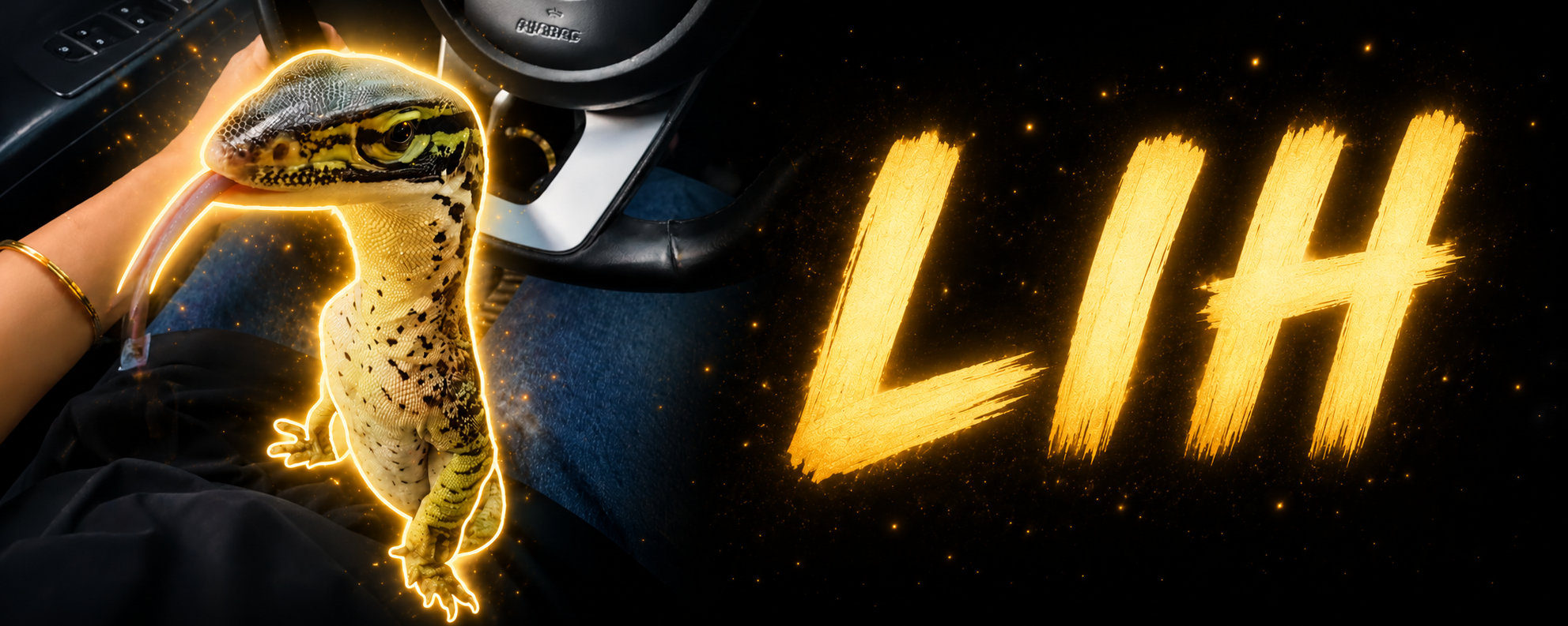 LIH lizard mascot glowing with golden neon outline